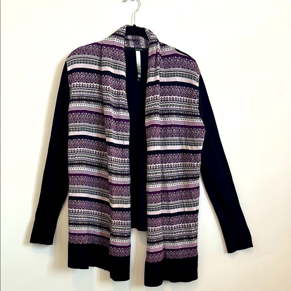 Kensie Fair Isle Shawl Collar Open Front Cardigan Sweater; black/purple, Medium